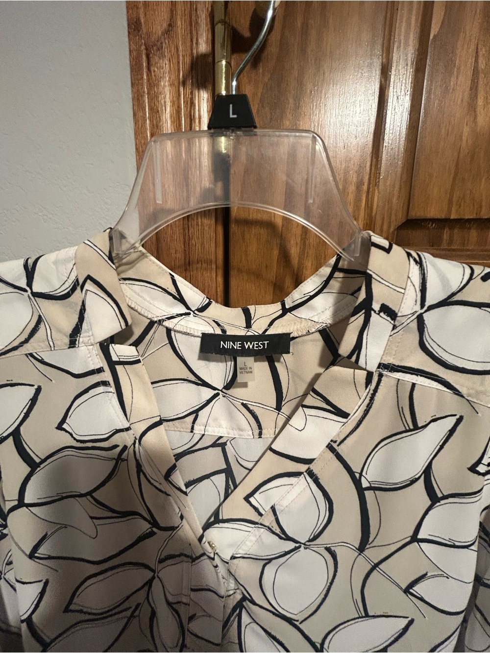 Nine West Cream and Black Leaf-Print Long Sleeve Blouse - Picture 3 of 3